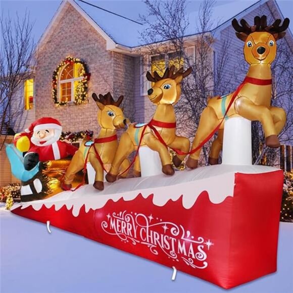 13.3 FT Christmas Inflatables Santa Claus on Sleigh Three Reindeer & Gift Box
